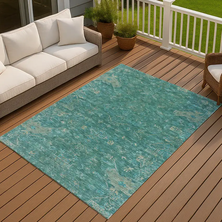 Teal Blue And Artichoke Green Medallion Washable Indoor Outdoor Area Rug Photo 7