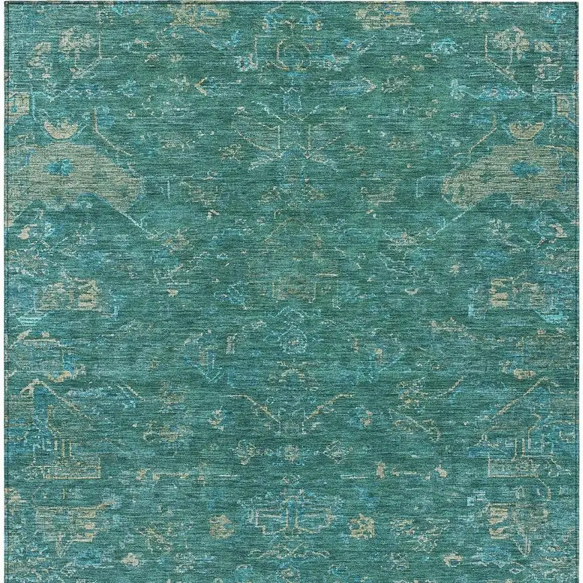 Teal Blue And Artichoke Green Medallion Washable Indoor Outdoor Area Rug Photo 4