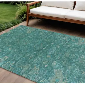 Photo of Teal Blue And Artichoke Green Medallion Washable Indoor Outdoor Area Rug