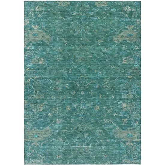Teal Blue And Artichoke Green Medallion Washable Indoor Outdoor Area Rug Photo 2