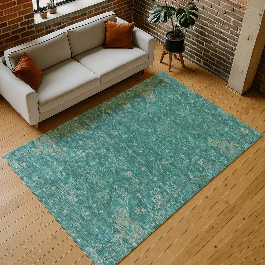 Teal Blue And Artichoke Green Medallion Washable Indoor Outdoor Area Rug Photo 9