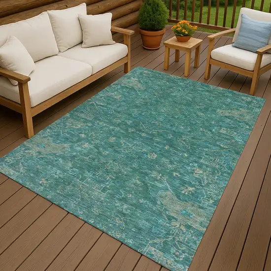 Teal Blue And Artichoke Green Medallion Washable Indoor Outdoor Area Rug Photo 9