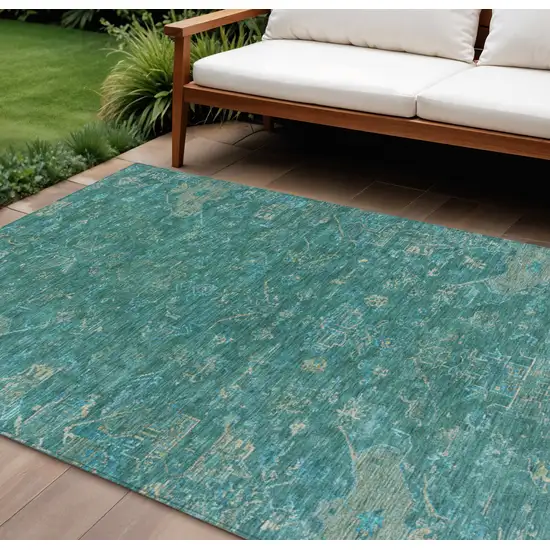 Teal Blue And Artichoke Green Medallion Washable Indoor Outdoor Area Rug Photo 1