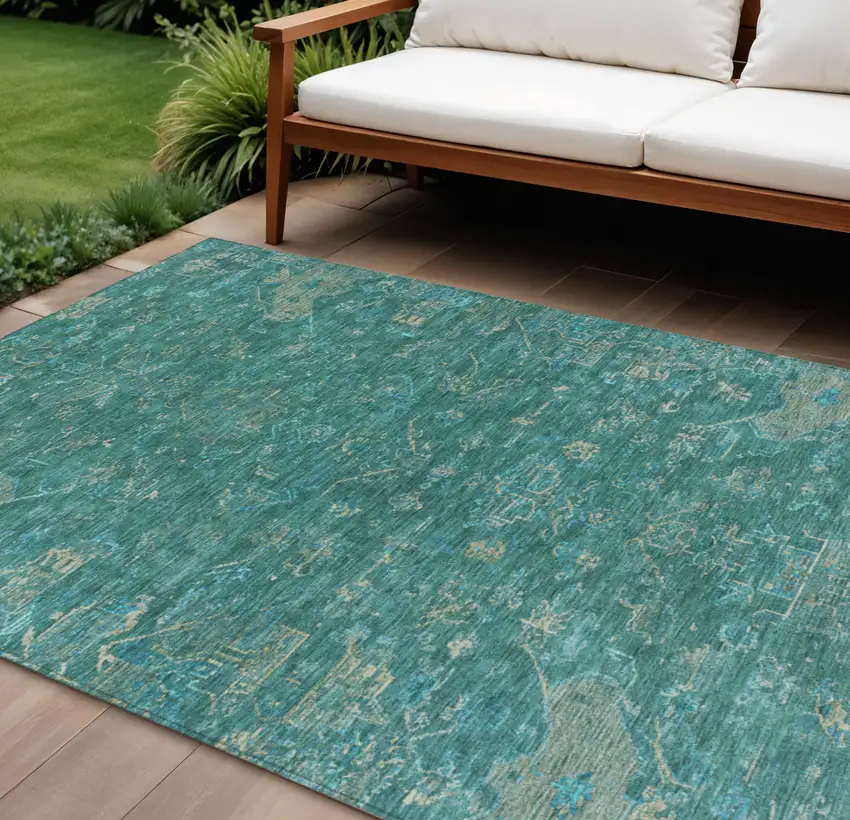 Teal Blue And Artichoke Green Medallion Washable Indoor Outdoor Area Rug Photo 1