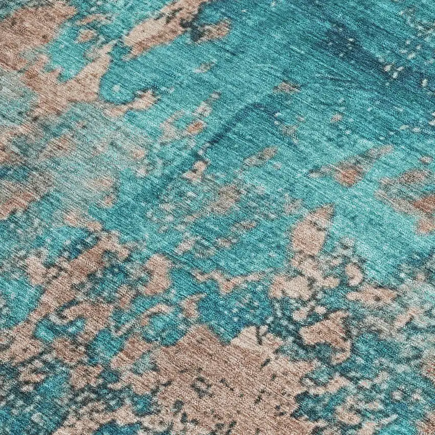 Teal Blue And Beige Abstract Washable Indoor Outdoor Area Rug Photo 4