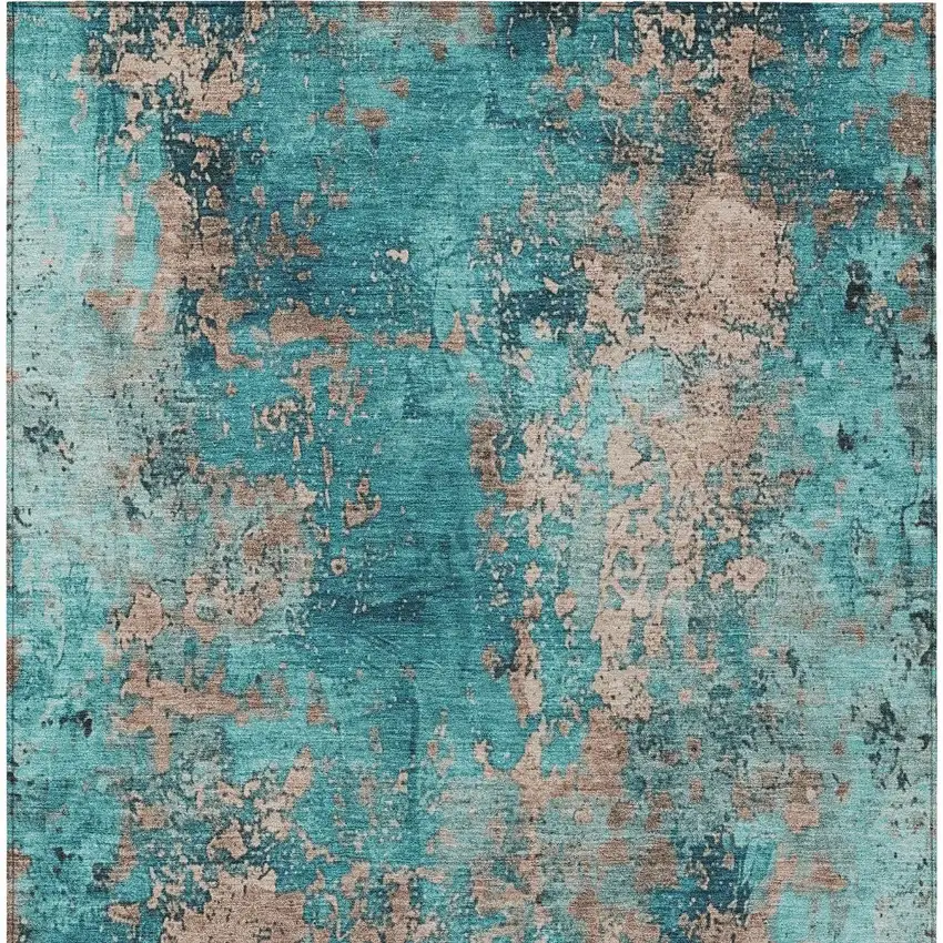 Teal Blue And Beige Abstract Washable Indoor Outdoor Area Rug Photo 8