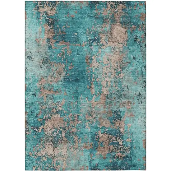 Teal Blue And Beige Abstract Washable Indoor Outdoor Area Rug Photo 9