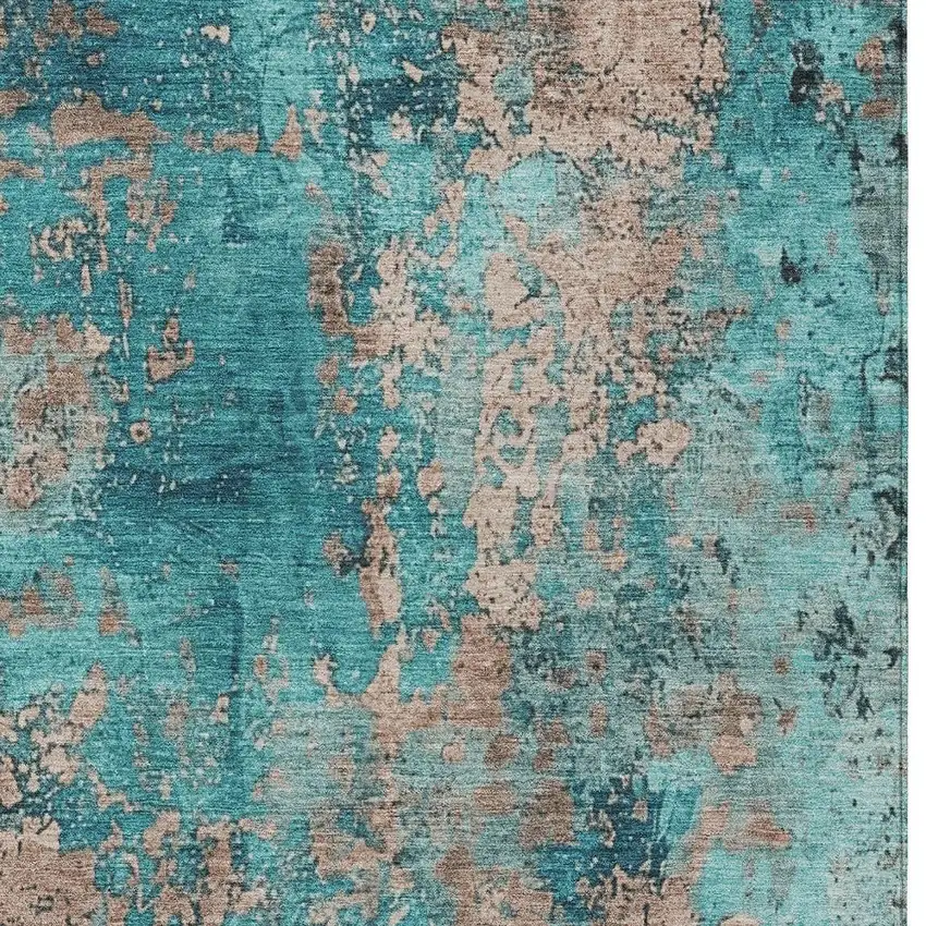 Teal Blue And Beige Abstract Washable Indoor Outdoor Area Rug Photo 7