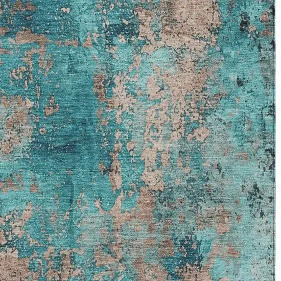 Teal Blue And Beige Abstract Washable Indoor Outdoor Area Rug Photo 7