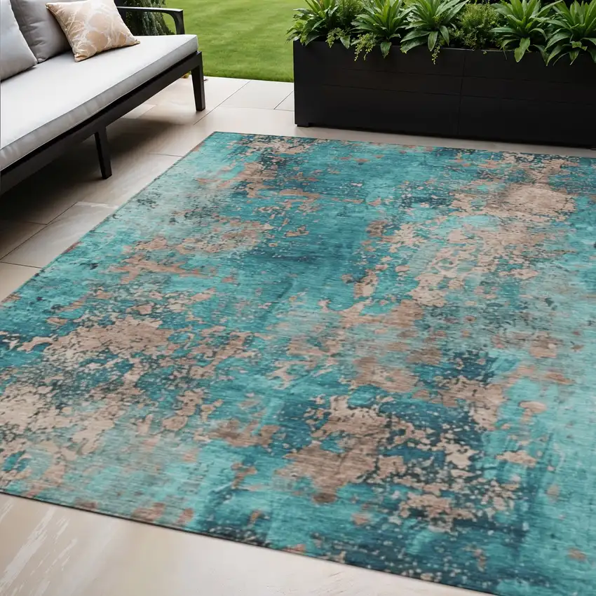 Teal Blue And Beige Abstract Washable Indoor Outdoor Area Rug Photo 2