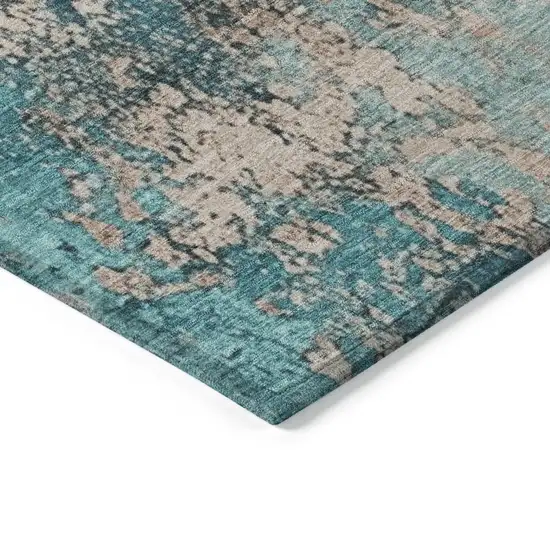 Teal Blue And Beige Abstract Washable Indoor Outdoor Area Rug Photo 6