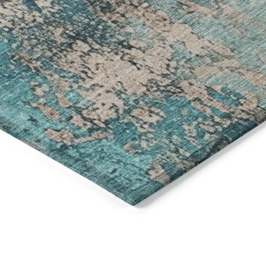 Teal Blue And Beige Abstract Washable Indoor Outdoor Area Rug Photo 6