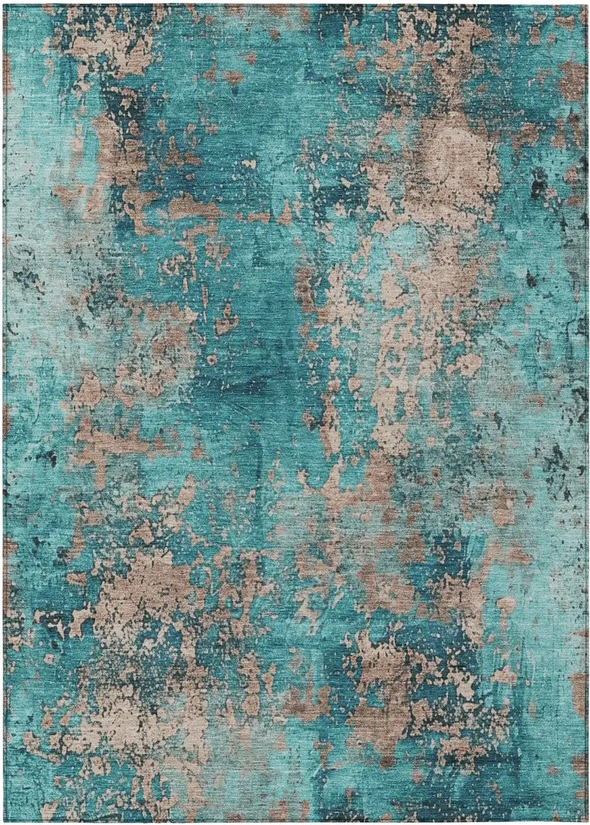 Teal Blue And Beige Abstract Washable Indoor Outdoor Area Rug Photo 9