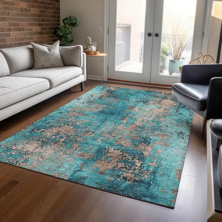 Teal Blue And Beige Abstract Washable Indoor Outdoor Area Rug Photo 6