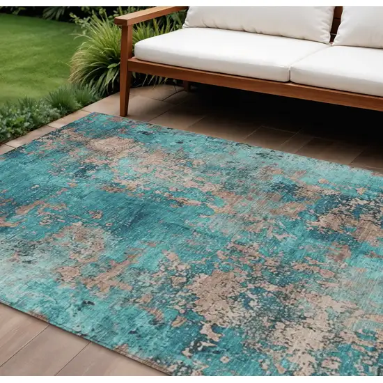 Teal Blue And Beige Abstract Washable Indoor Outdoor Area Rug Photo 2