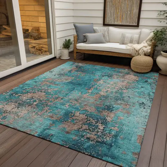 Teal Blue And Beige Abstract Washable Indoor Outdoor Area Rug Photo 5