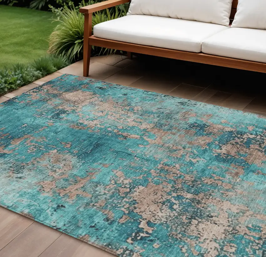 Teal Blue And Beige Abstract Washable Indoor Outdoor Area Rug Photo 2