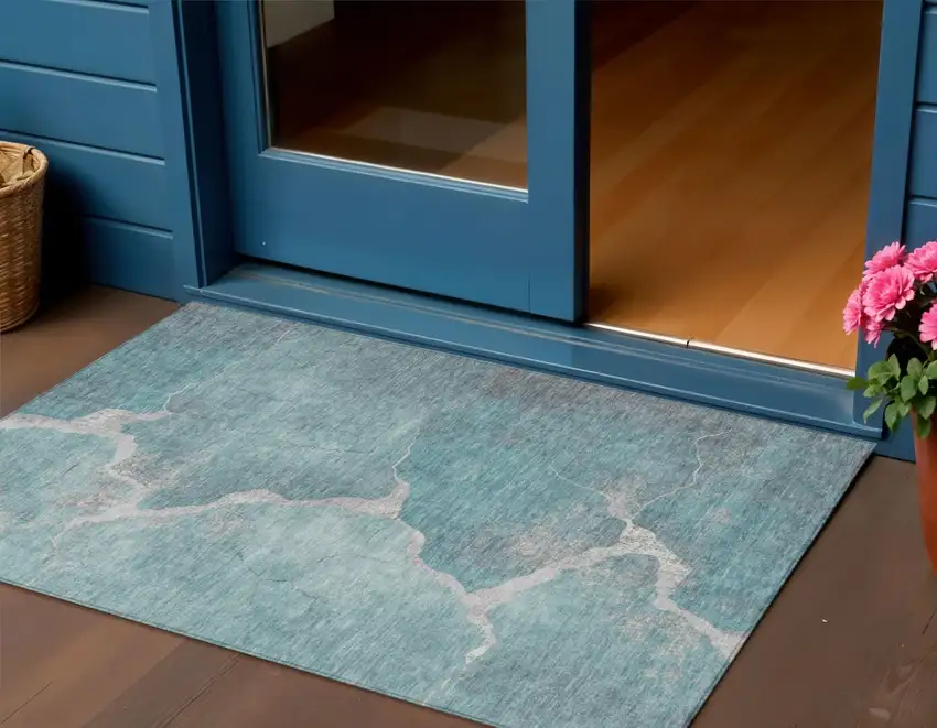 Teal Blue And Beige Abstract Washable Indoor Outdoor Area Rug Photo 2