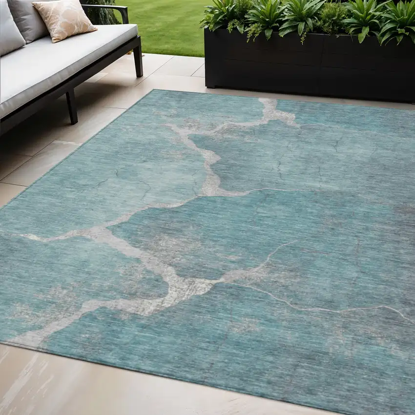 Teal Blue And Beige Abstract Washable Indoor Outdoor Area Rug Photo 2