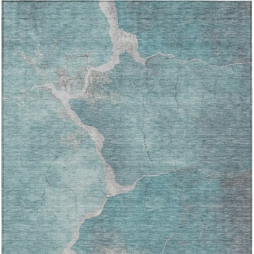 Teal Blue And Beige Abstract Washable Indoor Outdoor Area Rug Photo 9