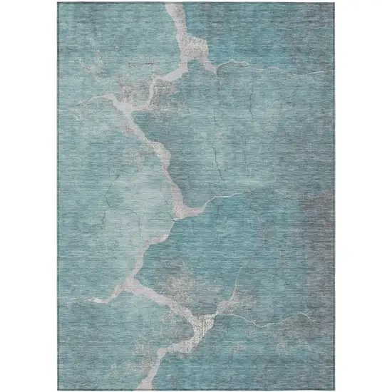 Teal Blue And Beige Abstract Washable Indoor Outdoor Area Rug Photo 8