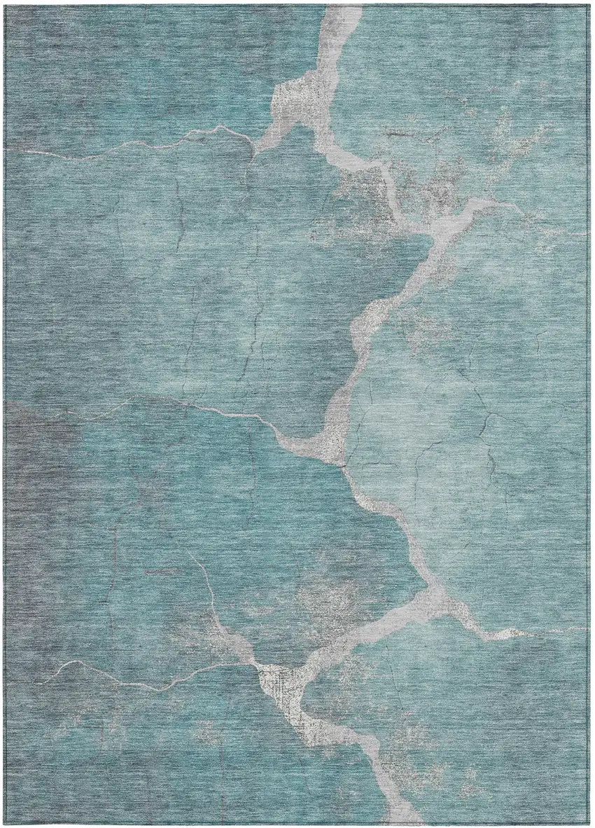 Teal Blue And Beige Abstract Washable Indoor Outdoor Area Rug Photo 1