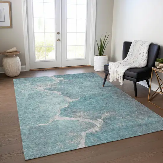 Teal Blue And Beige Abstract Washable Indoor Outdoor Area Rug Photo 5