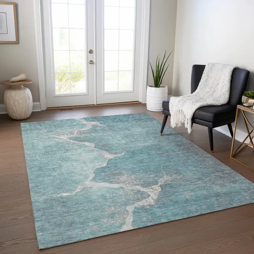 Teal Blue And Beige Abstract Washable Indoor Outdoor Area Rug Photo 5