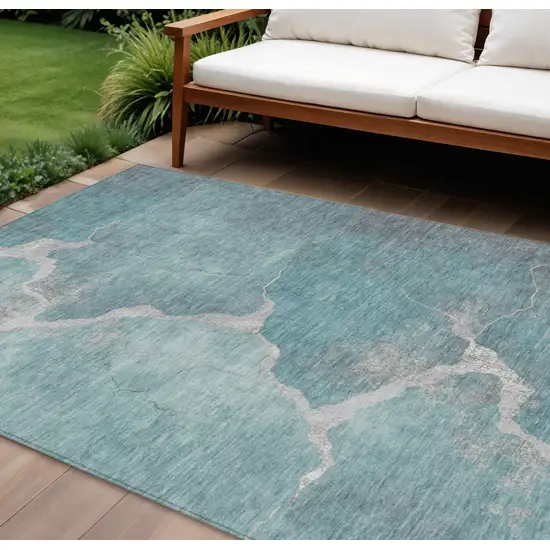Teal Blue And Beige Abstract Washable Indoor Outdoor Area Rug Photo 2
