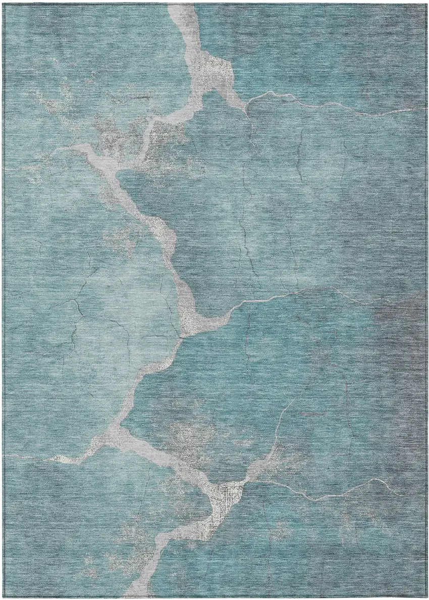 Teal Blue And Beige Abstract Washable Indoor Outdoor Area Rug Photo 8