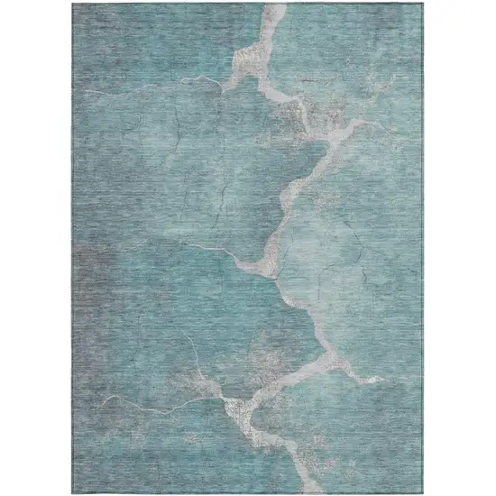 Teal Blue And Beige Abstract Washable Indoor Outdoor Area Rug Photo 1