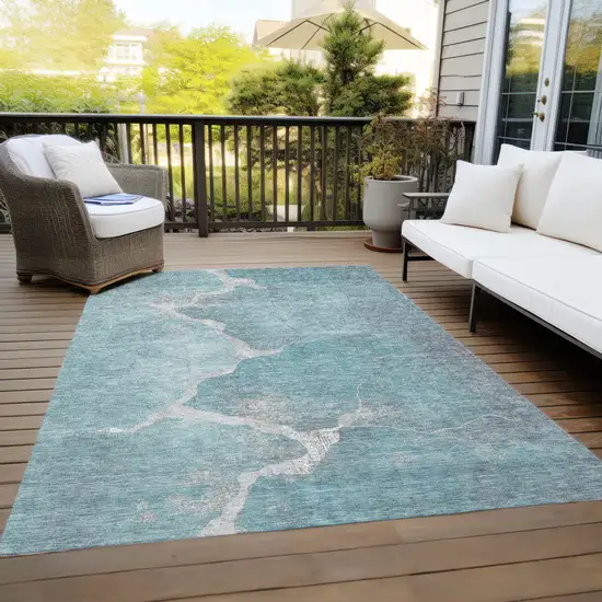 Teal Blue And Beige Abstract Washable Indoor Outdoor Area Rug Photo 7