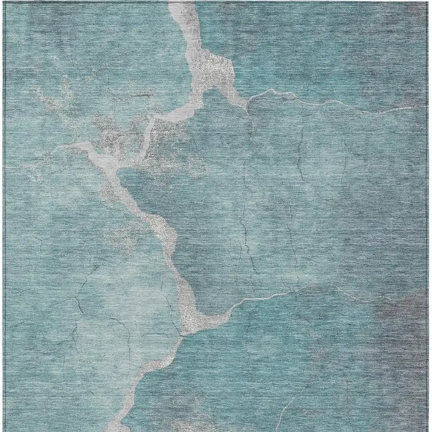 Teal Blue And Beige Abstract Washable Indoor Outdoor Area Rug Photo 4