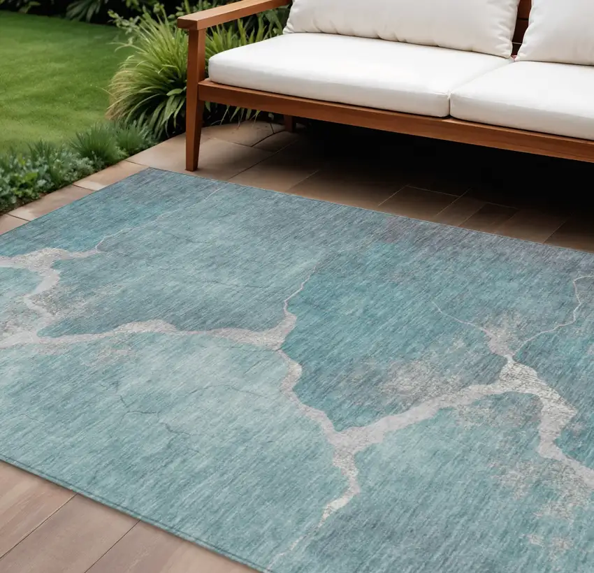Teal Blue And Beige Abstract Washable Indoor Outdoor Area Rug Photo 2