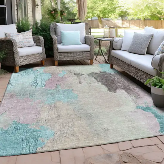 Teal Blue And Beige Abstract Washable Indoor Outdoor Area Rug Photo 4