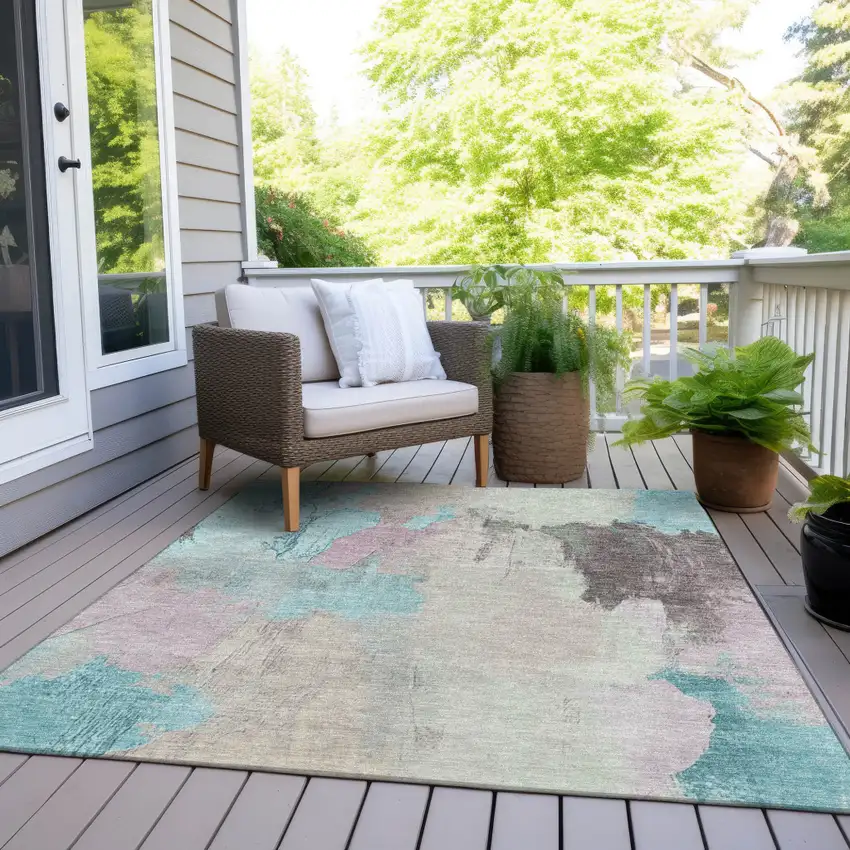 Teal Blue And Beige Abstract Washable Indoor Outdoor Area Rug Photo 7
