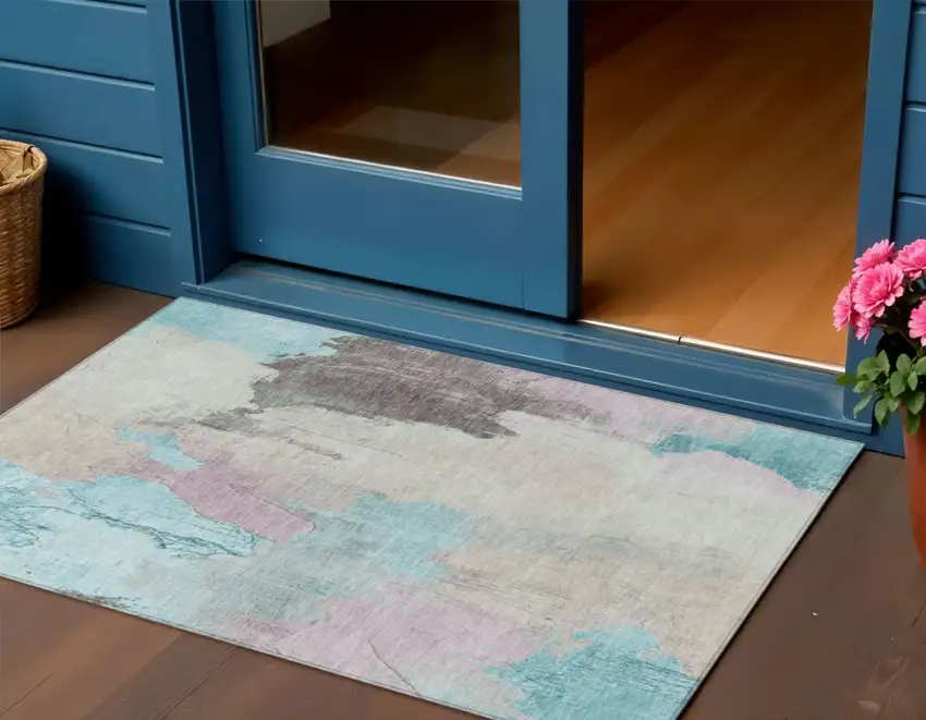 Teal Blue And Beige Abstract Washable Indoor Outdoor Area Rug Photo 2