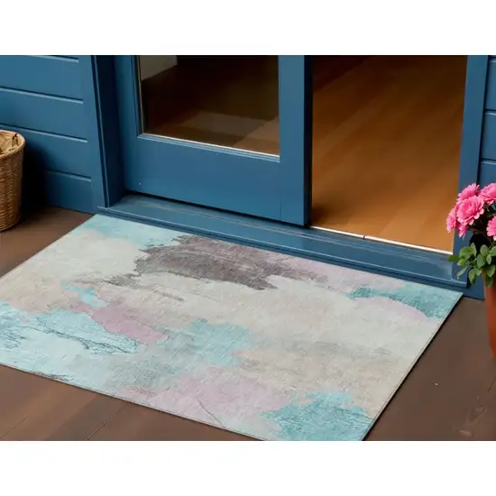 Teal Blue And Beige Abstract Washable Indoor Outdoor Area Rug Photo 2