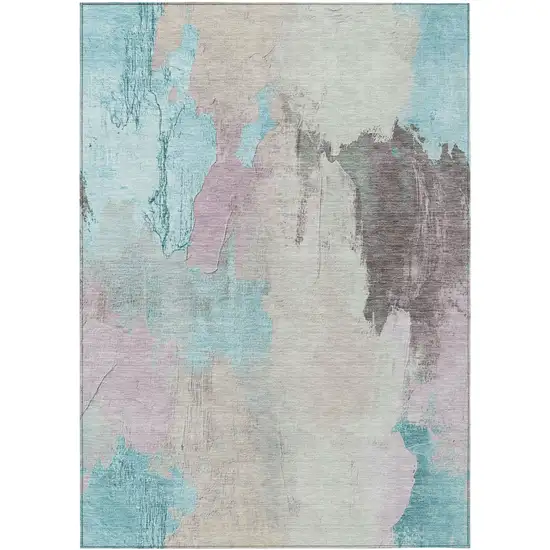 Teal Blue And Beige Abstract Washable Indoor Outdoor Area Rug Photo 1