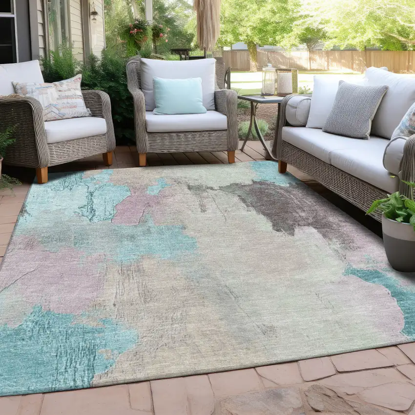 Teal Blue And Beige Abstract Washable Indoor Outdoor Area Rug Photo 5