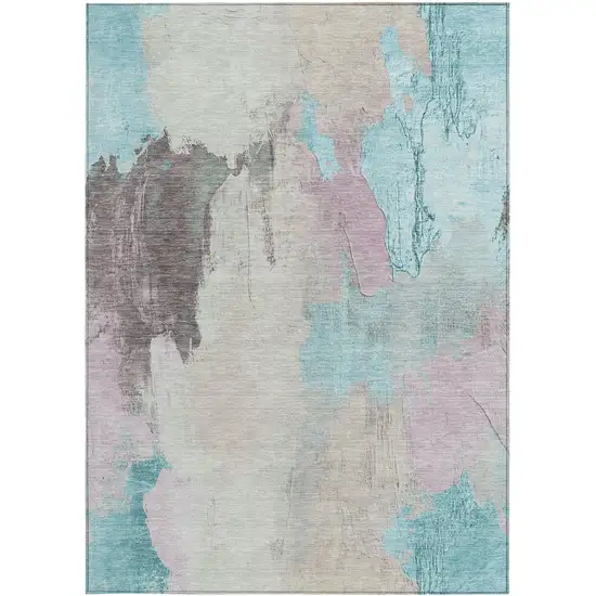 Teal Blue And Beige Abstract Washable Indoor Outdoor Area Rug Photo 6