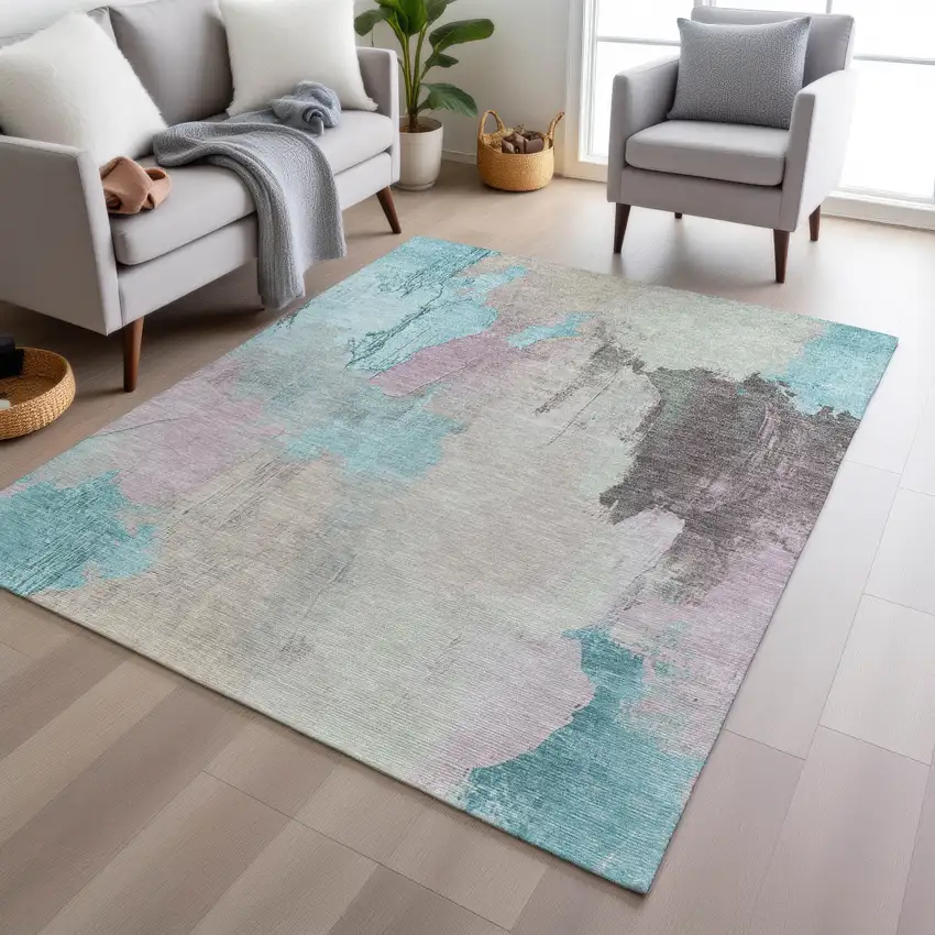 Teal Blue And Beige Abstract Washable Indoor Outdoor Area Rug Photo 6