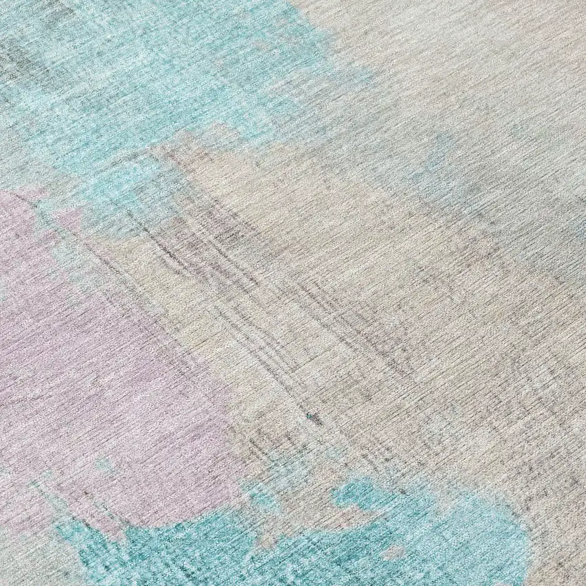 Teal Blue And Beige Abstract Washable Indoor Outdoor Area Rug Photo 9