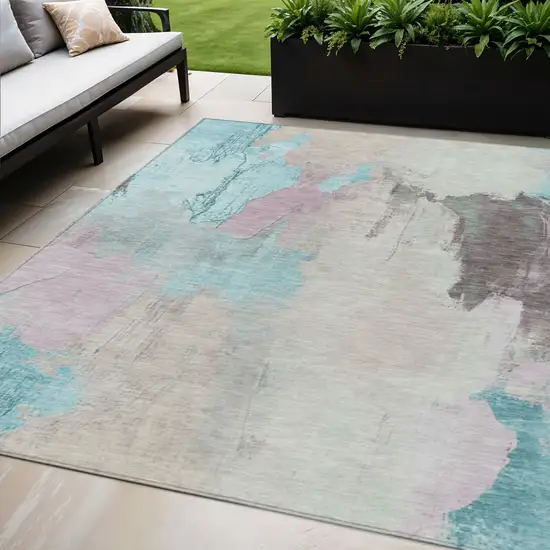 Teal Blue And Beige Abstract Washable Indoor Outdoor Area Rug Photo 2