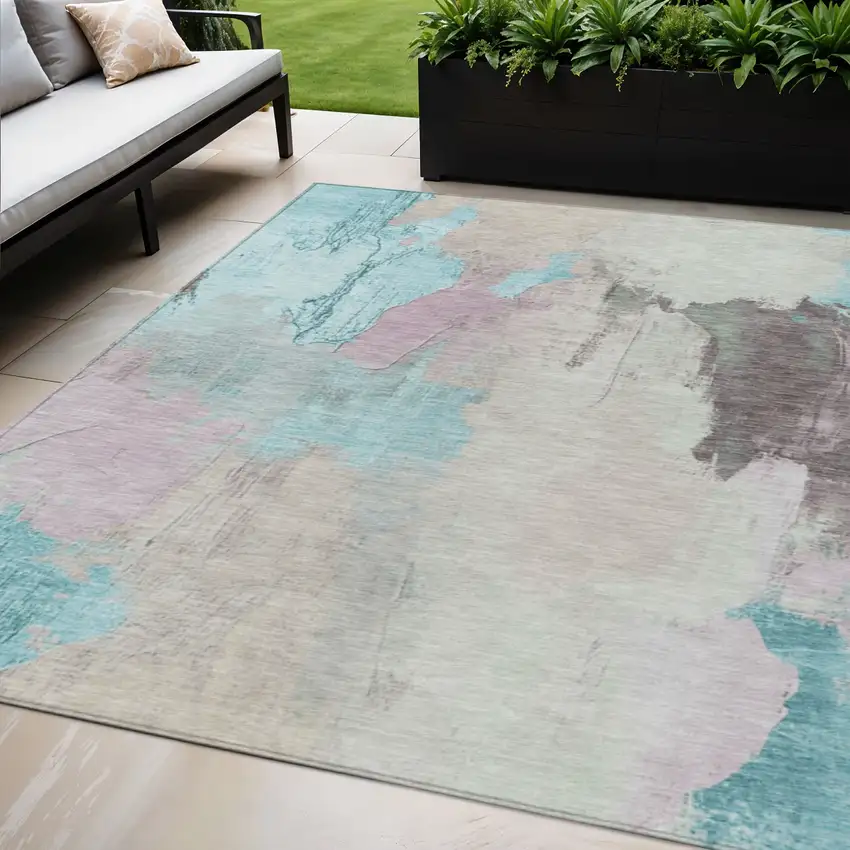 Teal Blue And Beige Abstract Washable Indoor Outdoor Area Rug Photo 2