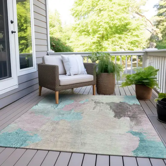 Teal Blue And Beige Abstract Washable Indoor Outdoor Area Rug Photo 8
