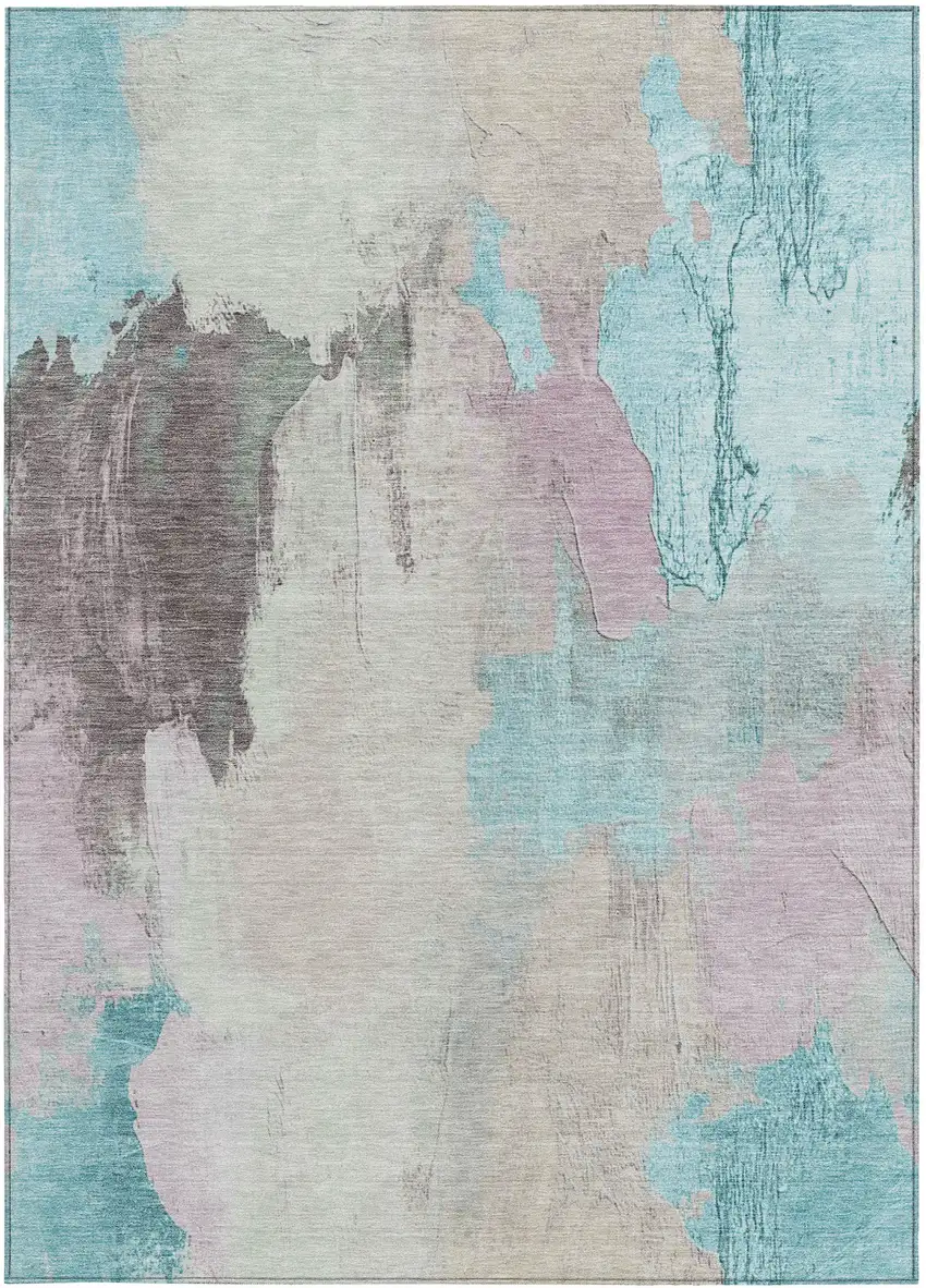 Teal Blue And Beige Abstract Washable Indoor Outdoor Area Rug Photo 8