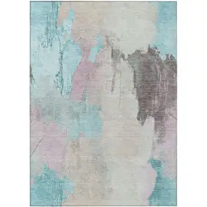 Photo of Teal Blue And Beige Abstract Washable Indoor Outdoor Area Rug