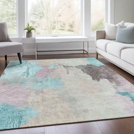 Teal Blue And Beige Abstract Washable Indoor Outdoor Area Rug Photo 6