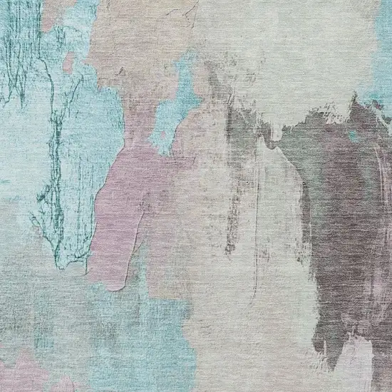 Teal Blue And Beige Abstract Washable Indoor Outdoor Area Rug Photo 9